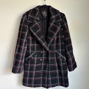PAIGE Coat Womens Small Black Gray‎ Burgundy Plaid Boucle Double Breasted Teddy